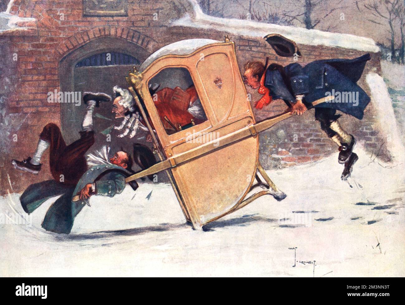Humorous illustration by Charles Crombie entitled, The Path to Home!  God Rest Ye Merry Gentlemen!  Let Nothing You Dismay!.  Two men carrying a sedan chair slip on the snow, leaving their passenger rather bumped and bruised.     Date: 1911 Stock Photo