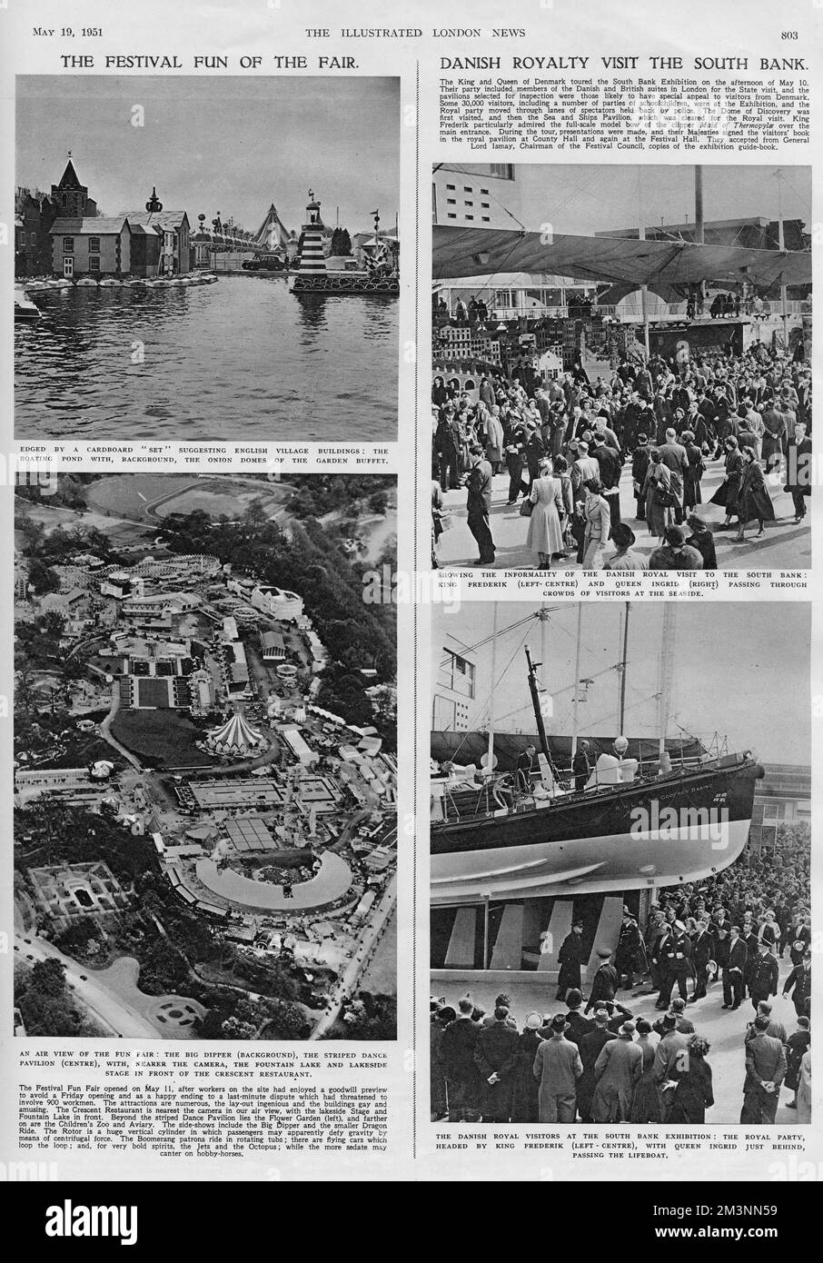 Views of the Festival of Britain (South Bank) and Fun Fair (Battersea).  Top left is the boating pond with a cardboard 'set' suggesting English village buildings.  Bottom left is an aerial view of the Fun Fair, with big dipper in the background, striped dance pavilion in the centre, fountain lake and lakeside stage in front of the Crescent Restaurant.  Top right shows an informal visit to the South Bank by the Danish royal family, with King Frederik IX and Queen Ingrid walking through crowds of visitors at the 'seaside' venue.  Bottom right shows the royal party near the lifeboat (RNLB Sir God Stock Photo