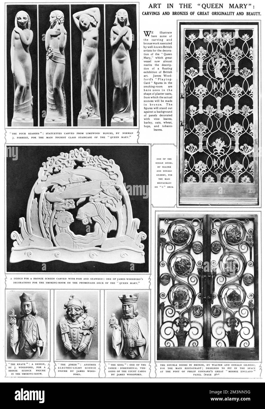 Examples of art on the RMS Queen Mary.  At the top left are four statuettes carved from limewood blocks by Norman J Forrest, representing The Four Seasons, for the main tourist class staircase.  Below is a design by James Woodford for a bronze screen carved with fish and seaweed, for the Smoking Room on the Promenade Deck.  At the bottom left are The Knave, The Joker and The King, by James Woodford, bronze electric light sconce figures for the Smoking Room.  On the right is are a single door and double doors in bronze by Walter and Donald Gilbert, for the main restaurant on C Deck.      Date: Stock Photo