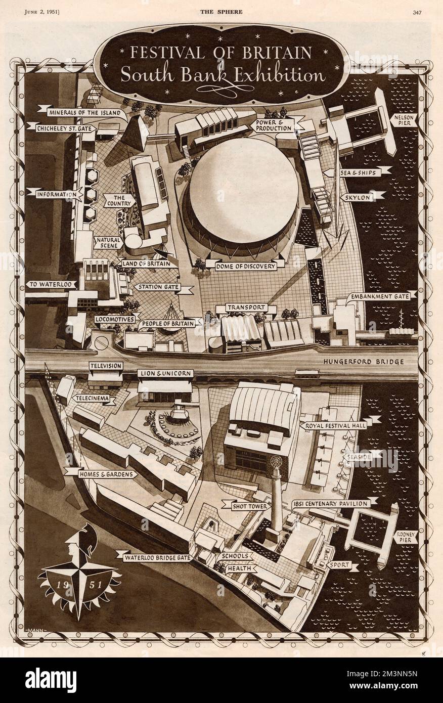 Aerial plan of the Festival of Britain site, South Bank, London, showing all the main buildings and other venues of interest.       Date: May 1951 Stock Photo