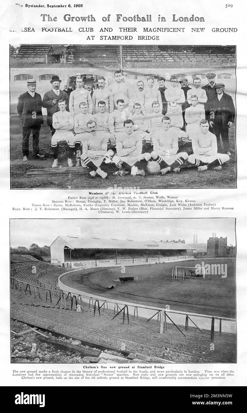 Chelsea Football Club, founded in March 1905. The top picture shows the squad of players and officials. The lower picture shows the ground at Stamford Bridge, which had previously been used as an athletics stadium.     Date: September 1905 Stock Photo