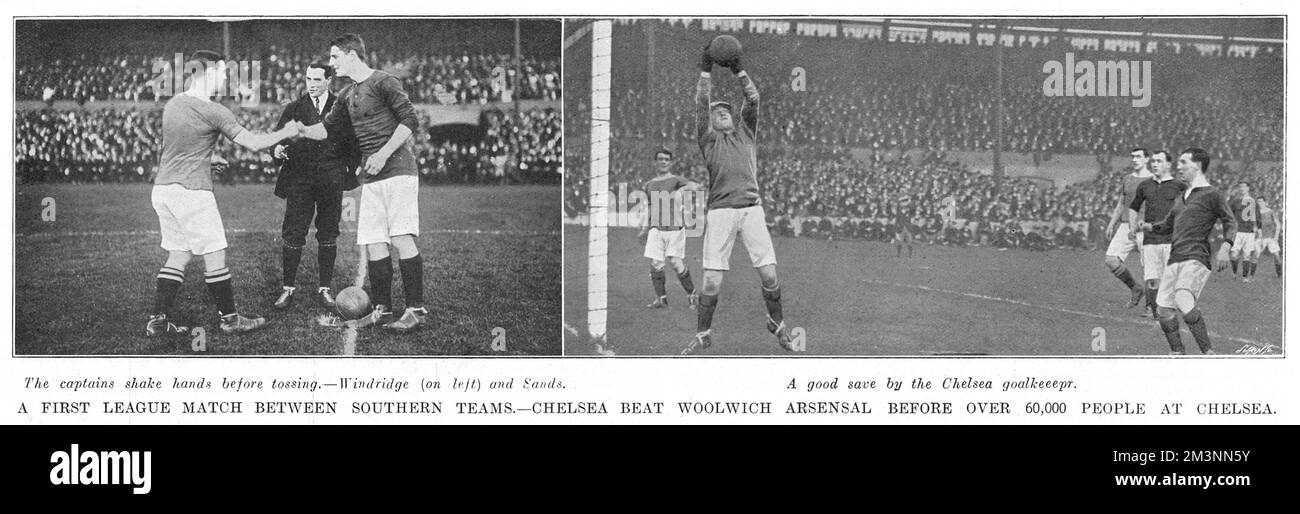 The first Football League match between two teams from the southern half of England. Two years after their founding, Chelsea FC play host to Woolwich Arsenal in front of over 60,000 spectators at Stamford Bridge, and win 2 - 1. On the left, the two captains, WIndridge and Sands, shake hands. On the right, the Chelsea goalkeeper makes a save.     Date: 9 November 1907 Stock Photo