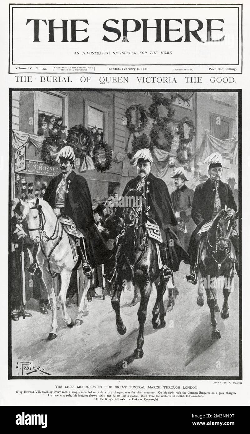 King Edward VII, mounted on a dark bay charger is depicted on the cover of The Sphere, shown as the chief mourner at his mother, Queen Victoria's funeral in London. On his right rode the German Emperor, on the left, the Duke of Connaught.     Date: February 1901 Stock Photo