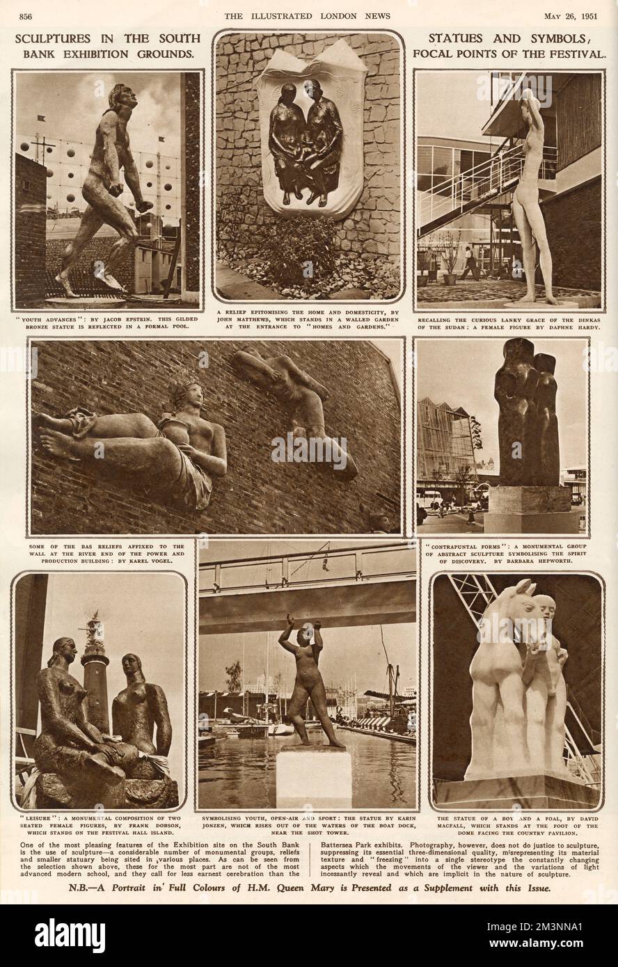 Various sculptures on display at the Festival of Britain, South Bank, London.  They are by Jacob Epstein, John Matthews, Daphne Hardy, Karel Vogel, Barbara Hepworth, Frank Dobson, Karin Jonzen and David Macfall.      Date: May 1951 Stock Photo