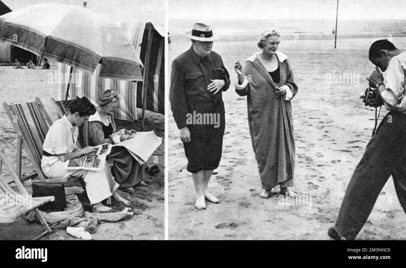 Comfortably clad in beach attire, Mrs. Churchill and her daughter, Mary, spent a few peaceful moments reading the papers and enjoying the sunshine. Mr. and Mrs Churchill were caught by a keen camera man on the sands just before Mr. Churchill left for the Big Three Conference at Potsdam.     Date: 1946 Stock Photo