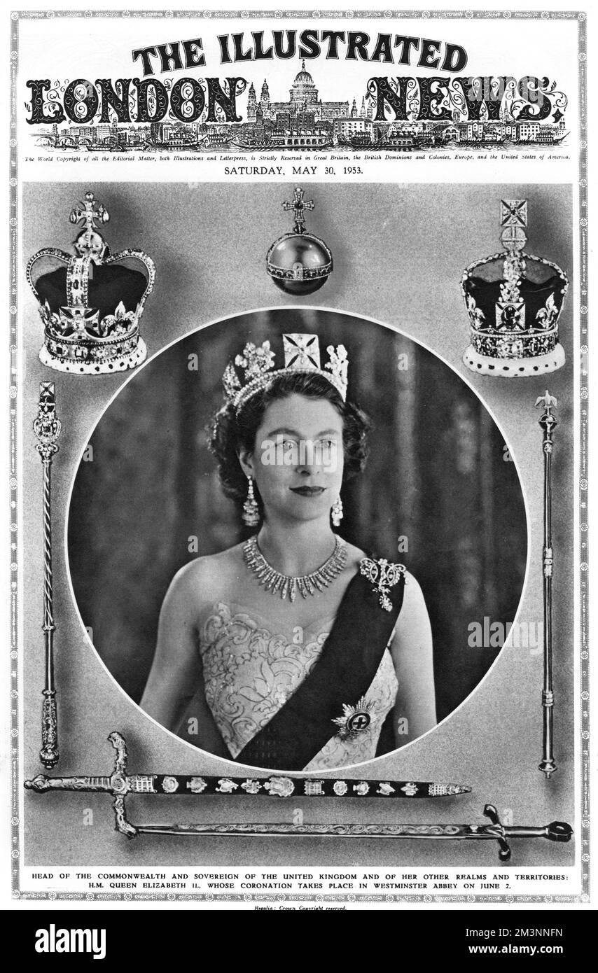Secondary front cover of the ILN featuring a photograph of the soon-to-be crowned Queen Elizabeth II surrounded by crowns, orb, sceptre and other ceremonial paraphenalia.       Date: 1953 Stock Photo