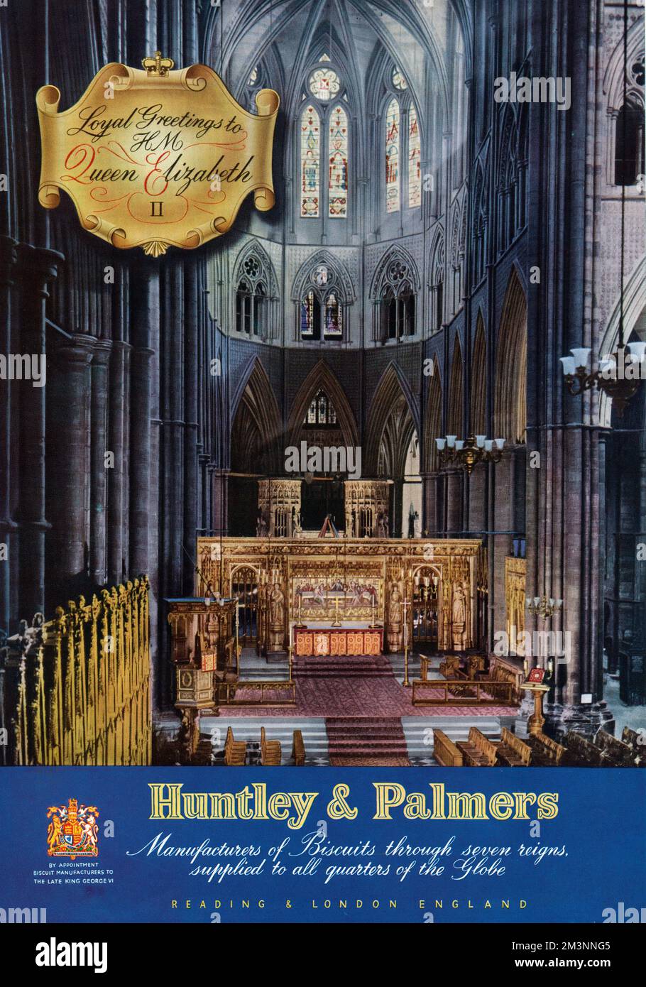 Advertisement for Huntley and Palmers, biscuit manufacturers in the special Coronation Number of the Illustrated London News.  The company display their royal warrant and a photograph of the interior of Westminster Abbey where the Coronation took place.     Date: 1953 Stock Photo
