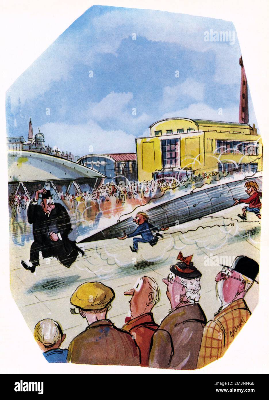 Cartoon by Graham featuring his butler character Briggs (created for The Tatler) being pursued by some mischievous children who seem to have somehow got hold of the tall, pointed Skylon at the Festival of Britain.     Date: 1951 Stock Photo