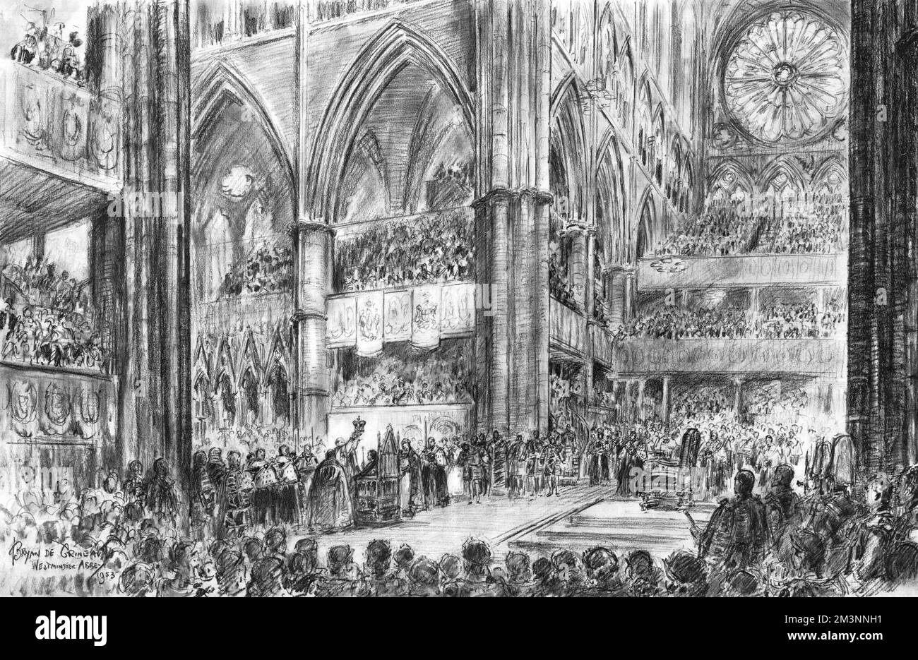 Spectacular illustration by ILN special artist, Bryan de Grineau, showing the supreme moment of the Coronation ceremony of Queen Elizabeth II in Westminster Abbey when the Archbishop of Canterbury reverently placed St Edward's Crown on the head of the monarch.       Date: 1953 Stock Photo