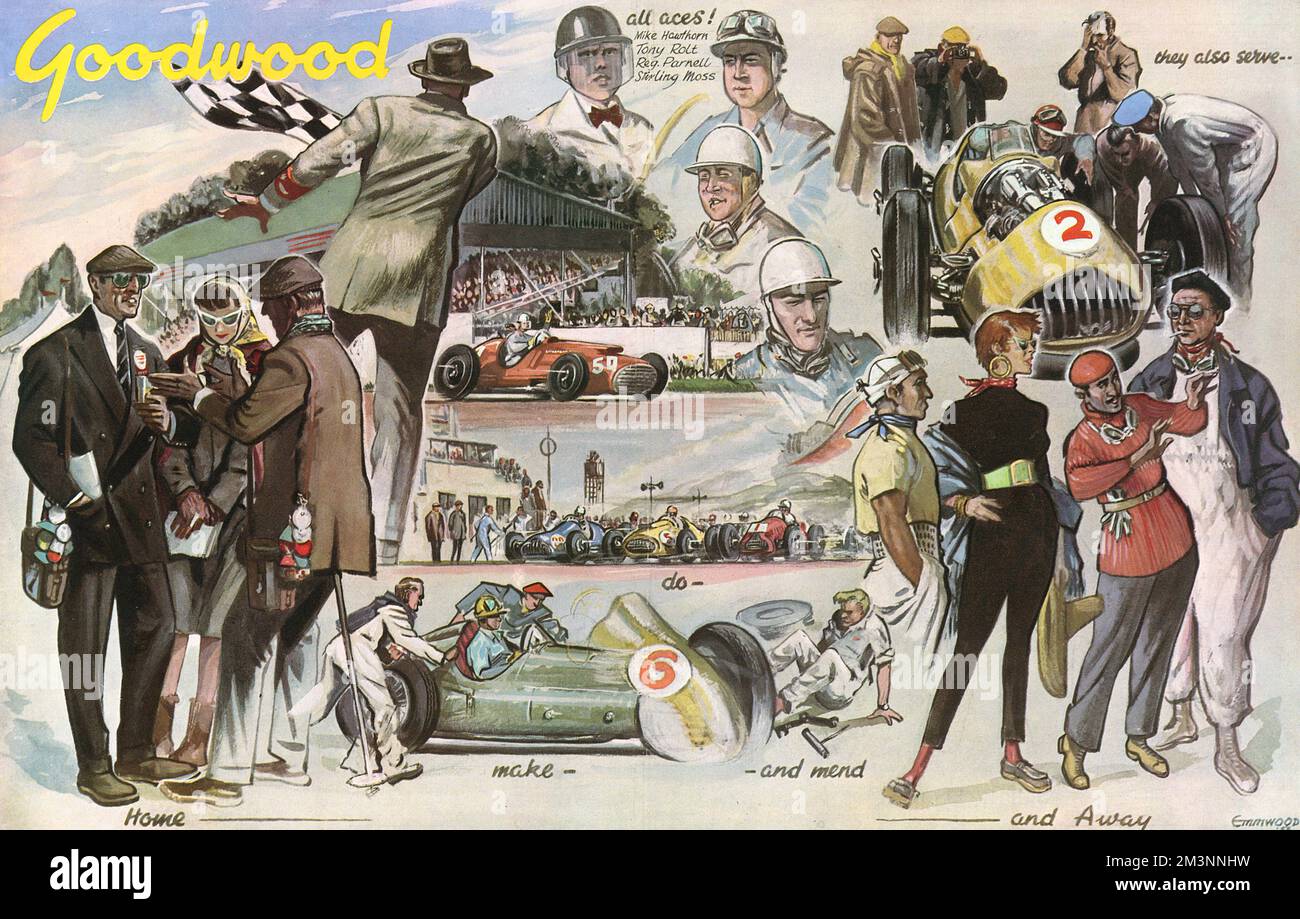 A montage of exciting scenes from Goodwood, including mechanics working on racing cars, portraits of motoring aces, Mike Hawthorn, Tony Rolt, Reginald Parnell and Stirling Moss as well as some fashionable looking spectators.     Date: 1953 Stock Photo