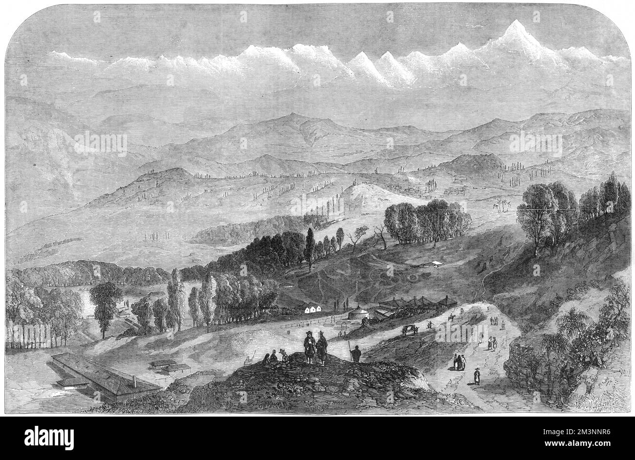 A view from Darjeeling of the Himalayan mountain range including, to the right, Deodhunga. Following observations by James Nicolson, and subsequent calculations by Andrew Waugh, the British Surveyor General of India, it was decided that this was probably the highest mountain in the world. In 1856 Waugh proposed that it be called Mount Everest, after his chief and predecessor in office, Colonel Geroge Everest. Although the naming was opposed in some quarters, including by George Everest himself, in 1865 it was adopted by the Royal Geographical Society.     Date: 1857 Stock Photo