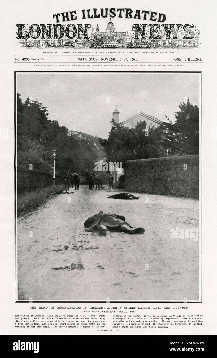 The supposed scene following the 'Battle of Tralee'. A press release suggested that a convoy of Royal Irish Constabulary cadets had been ambushed by Republicans. The photo purports to show the dead bodies of a cadet and two Sinn Fein members, with other cadets in the background taking prisoners. It was later revealed that the incident had been staged and was without foundation.      Date: November 1920 Stock Photo