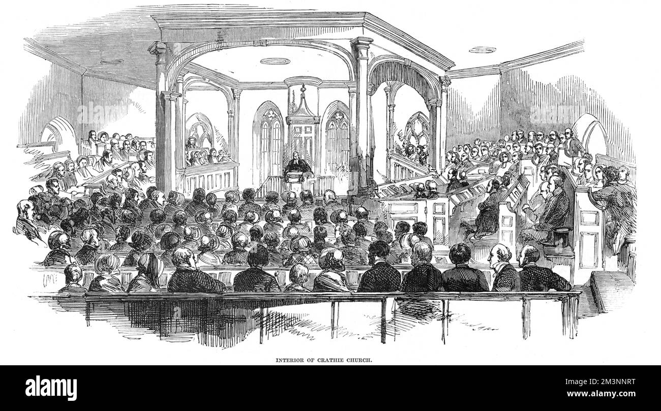 Worshippers inside old Crathie Kirk in the Scottish village of Crathie in 1851, known as the place of worship of the British Royal Family when they are at nearby Balmoral. The old church was built in 1804, the current structure in 1895 in the Gothic Revival style.     Date: 1851 Stock Photo