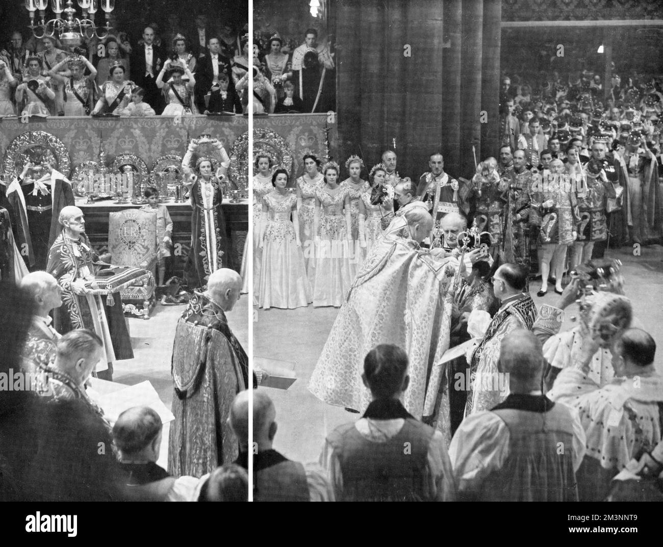 The supreme moment during the Coronation of Queen Elizabeth II where St. Edward's Crown is placed on the Queen's head by the Archbishop of Canterbury, the people shout, 'God Save the Queen' and the Princes and Princesses, Peers and Peeresses simultaneously put on their coronets and caps.       Date: 1953 Stock Photo