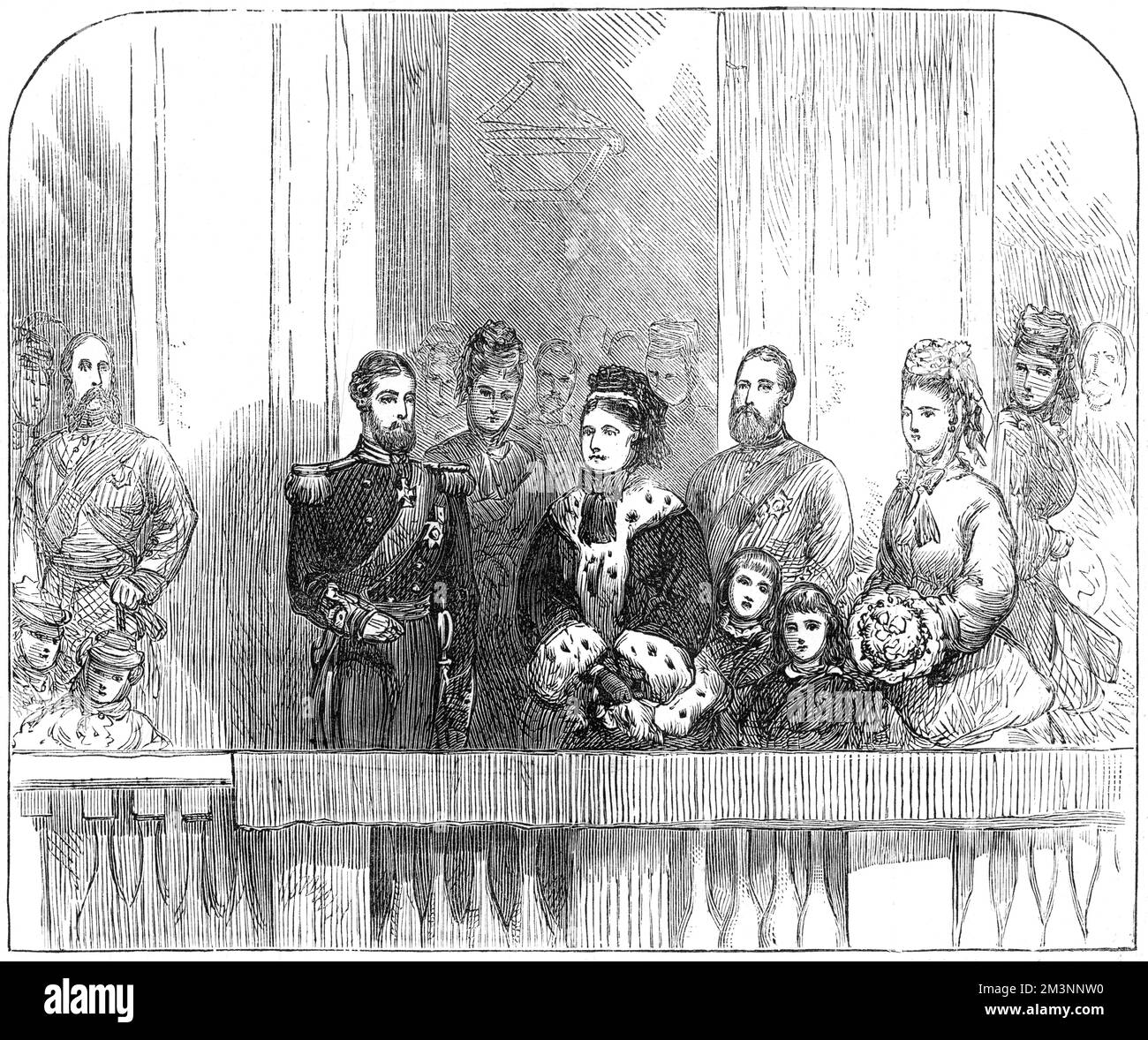 Queen Victoria and the Duke and Duchess of Edinburgh at the balcony on Buckingham Palace, following the royal entry into London.     Date: 1874 Stock Photo