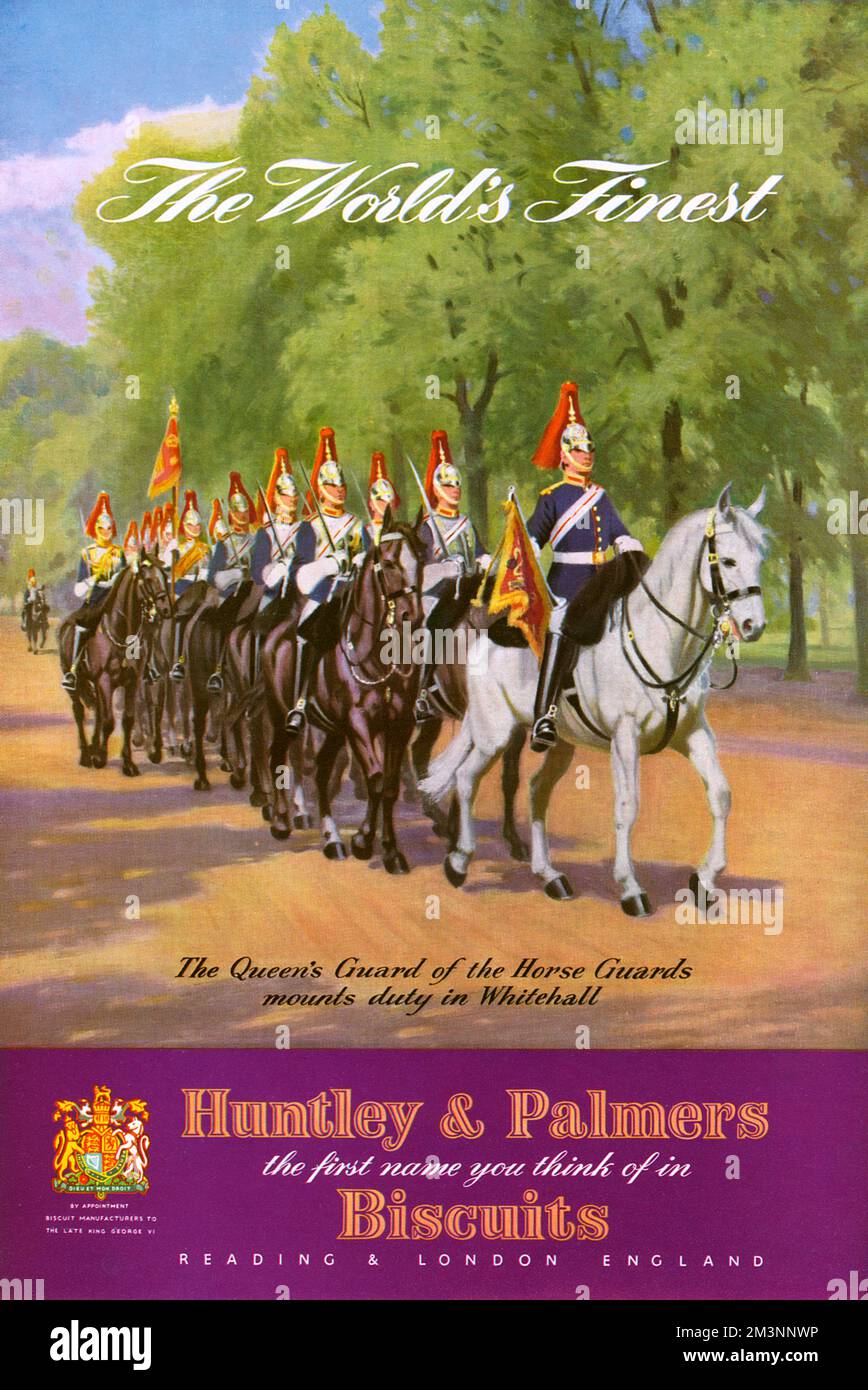 Advertisement for Huntley &amp; Palmers biscuits, &quot;The World's Finest,&quot; at the time of the Coronation of Queen Elizabeth II, featuring an illustration of the Queen's Guard of the Horse Guards mounts duty in Whitehall.     Date: 1953 Stock Photo