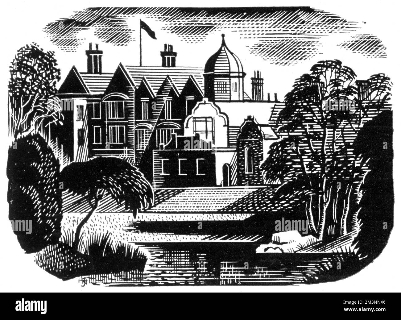 Etching of Sandringham Estate, country retreat of the royal family, one of a series of five illustrations of the Queen's residences.     Date: 1953 Stock Photo