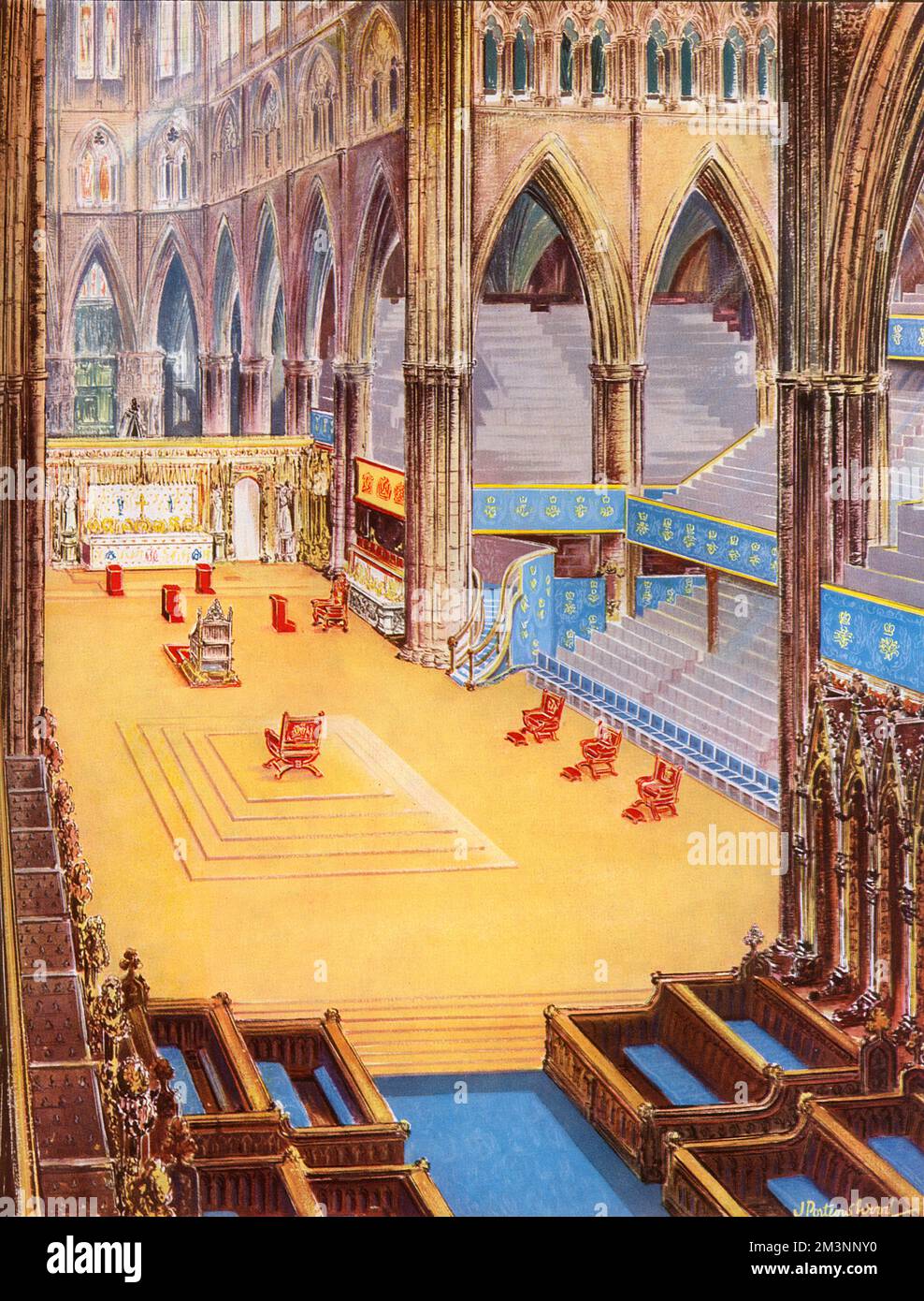 Illustration of the interior of Westminster Abbey, looking towards the High Altar and featuring the special chairs used as part of the Coronation Service.   1953 Stock Photo