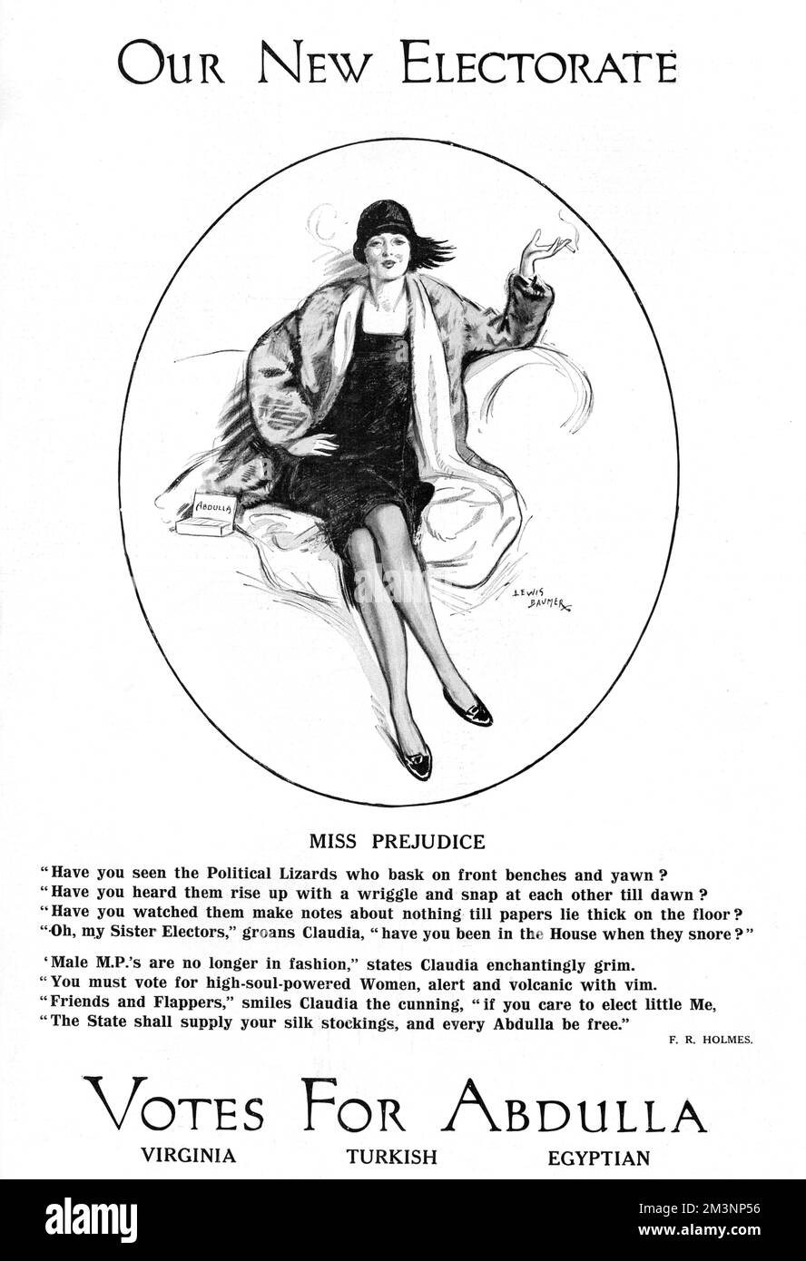 A young lady named Claudia reclines in a sofa, smoking an Abdulla's cigarette. The poem underneath (F. R. Holmes) engages with one of the political questions of the day, that of the recent introduction of universal suffrage (1928), meaning women were elligible to vote in forthcoming elections.      Date: 1929 Stock Photo