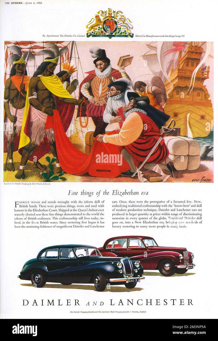 In celebration of a new Elizabethan era, Daimler and Lanchester invoke the British successes in manufacturing under Elizabeth I. The illustration features Elizabethan tradesmen alighting in the Americas, and underneath two Daimler and Lanchester cars.     Date: 1953 Stock Photo
