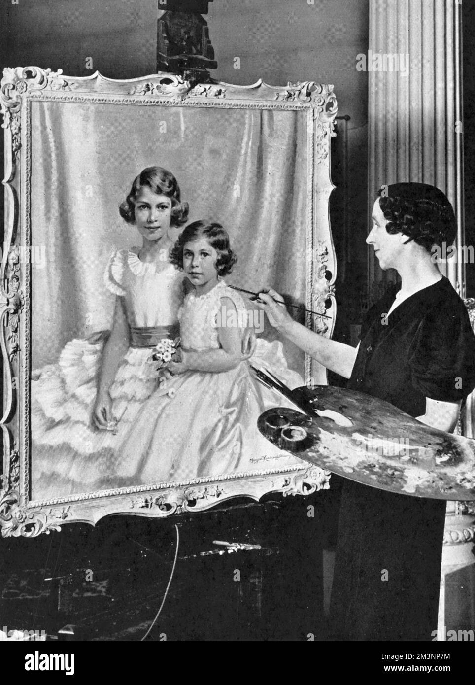 Painter Miss Margaret Lindsay Williams at work in her London studio on a portrait of Princess Elizabeth (ten years old) and Princess Margaret (six years old)     Date: 1937 Stock Photo