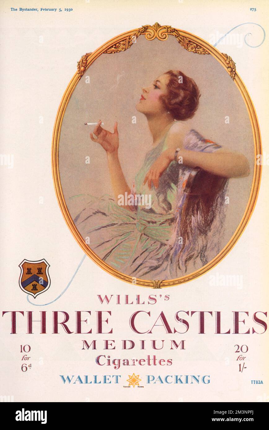 Advertisement for Wills's Three Castles medium cigarettes featuring a picture of a woman looking relaxed as she enjoys one.     Date: 1930 Stock Photo