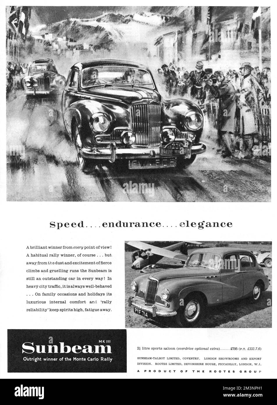 Speed...endurance...elegance. The Sunbeam, Mk III, outright winner of the Monte Carlo Rally.     Date: 1955 Stock Photo
