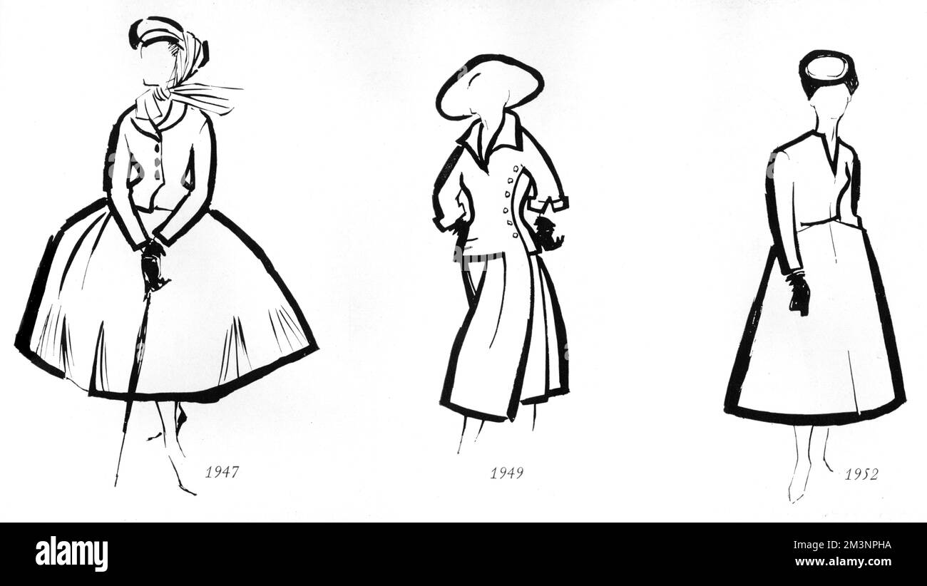 Three sketches outlining the fashionable silhouettes created by French couturier Christian Dior, including the famous, extravagent New Look of 1947 with the sumptuous skirt, and two more shapes for 1949 and 1952 showing a modified version of it.     Date: 1960 Stock Photo