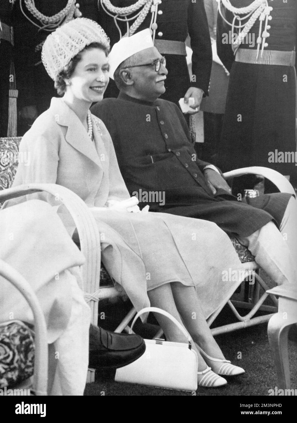 Queen Elizabeth II at a polo match with President Dr Rajendra Prasad in New Delhi during the royal tour of India in 1961.     Date: 1961 Stock Photo
