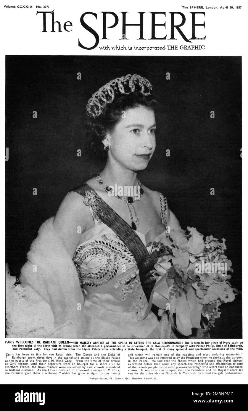 Queen Elizabeth II (born 1926), attending a gala performance at the opera in Paris on the first night of her visit to France.  Wearing an ivory gown, she attended a performance of Le Chevalier et la Damoiselle in company of Prince Philip, Duke of Edinburgh and President Coty.     Date: 1957 Stock Photo