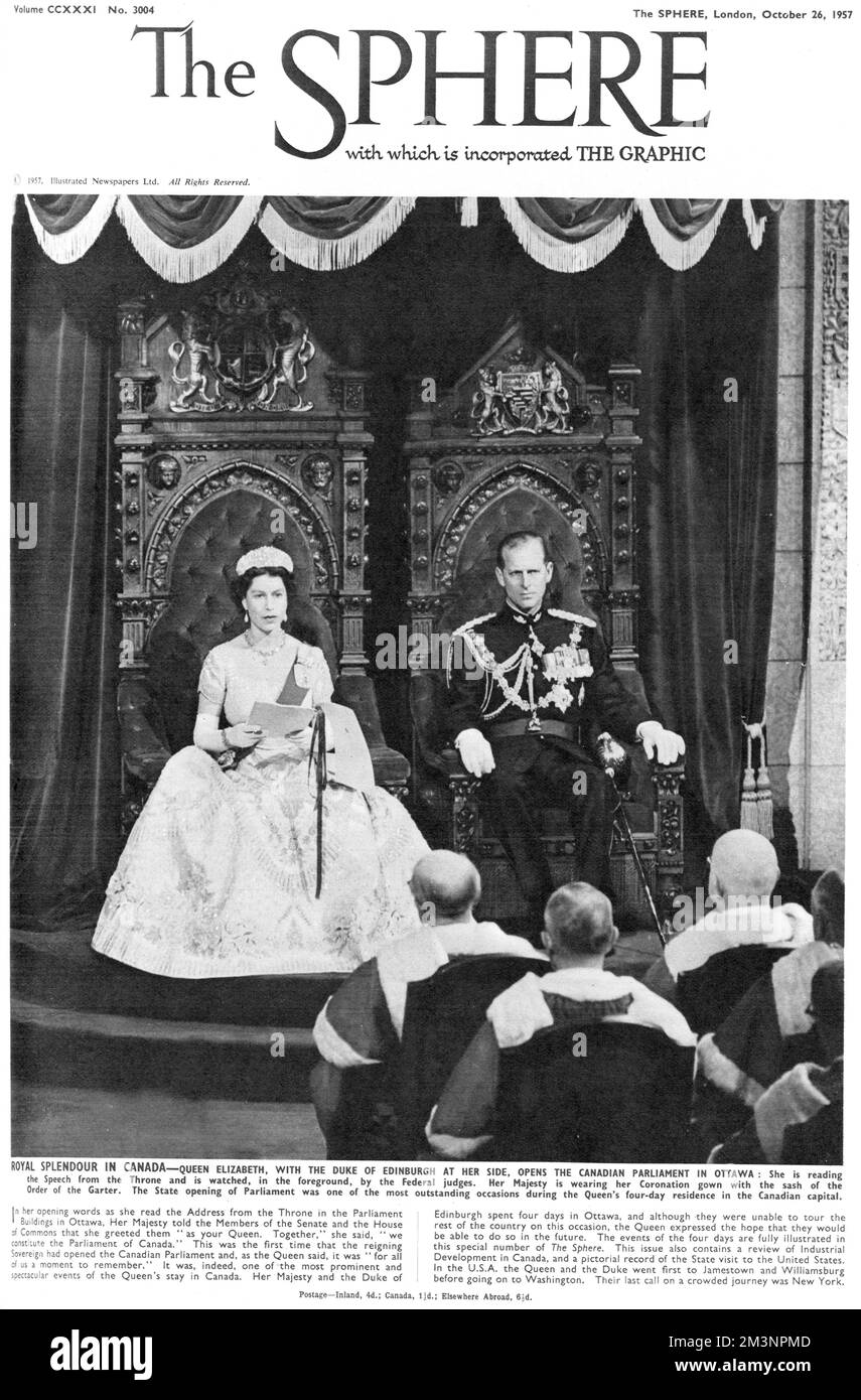 Queen Elizabeth II, with the Duke of Edinburgh at her side, opens Canadian parliament in Ottawa. She is reading the speech from the throne, and is watched in the foreground by federal judges. Her Majesty is wearing her Coronation gown with A sash of the Order of the Garter. The State opening of Parliament was one of the most outstanding occasions during the Queen's four day residence in the Canadian capital.      Date: 1957 Stock Photo