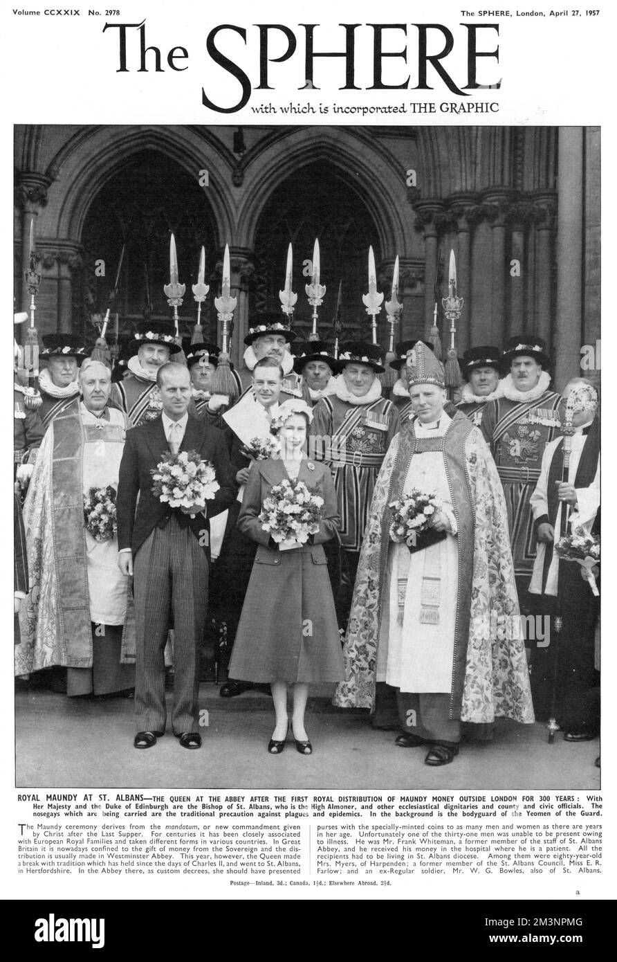 Royal Maundy at St. Albans Abbey.  The Queen, accompanied by Prince Philip, Duke of Edinburgh, attends the first royal distribution of Maundy money outside London in 300 years.  They are pictured with the Bishop of St Albans and other ecclesiastical dignitaries.  The nosegays carried are the traditional precaution against plagues and epidemics.  In the background is the bodyguard of the Yeoman of the Guard.     Date: 1957 Stock Photo
