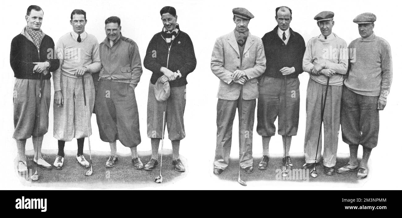 The runners-up and the winners in the Edinburgh golf tournament. From left to right: Duddingston team (runners-up), W B C Miller, A C Glennie, A P Mitchell, J Inches; Dalmahoy team (winners), E Dale Smith, W L M Stewart, J A Lang, W G F Scott.     Date: 1936 Stock Photo