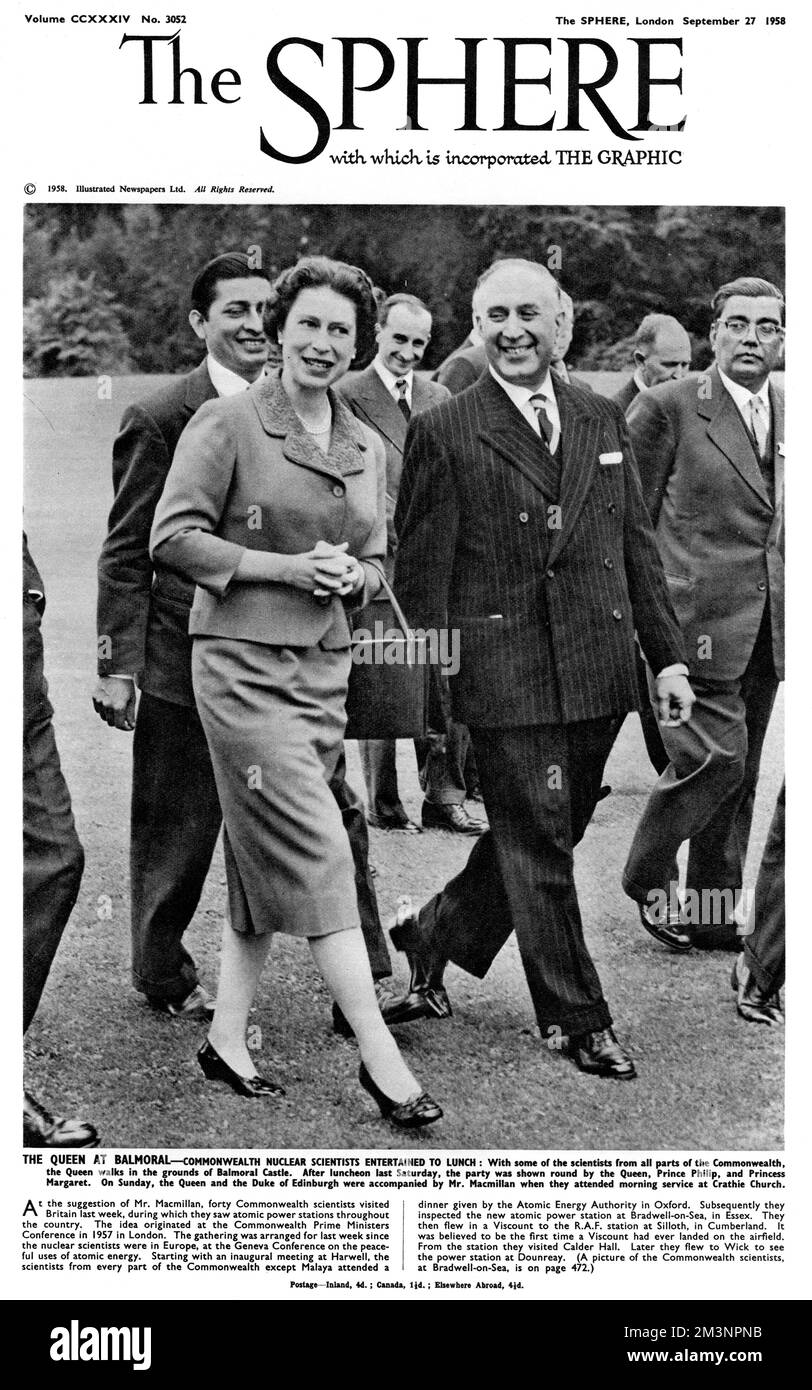 Commonwealth nuclear scientists entertained to lunch at Balmoral by Queen Elizabeth II in 1958.  The forty scientists were part of a tour of the nuclear power stations of Britain - the idea being suggested by Harold Macmillan.     Date: 1958 Stock Photo