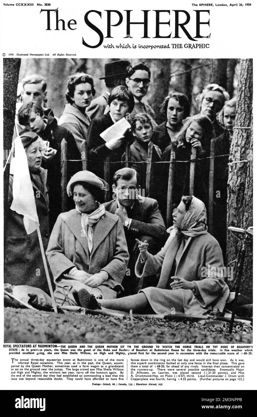 Royal spectators at Badminton.  Queen Elizabeth II and the Queen Mother sit on the ground to watch the horse trials on the Duke of Beaufort's estate at Badminton House in 1958.     Date: 1958 Stock Photo