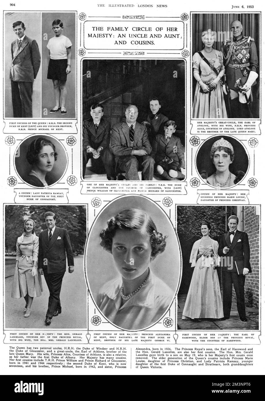 The family circle of Queen Elizabeth II, many of whom attended the coronation on 2nd June 1953. Clockwise from top left: H.R.H. The Second Duke of Kent and his younger brother, H.R.H. Prince Michael of Kent; The Duke and Duchess of Gloucester with their children; The Earl and Countess of Athlone; Princess Marie Louise; The Earl and Countess of Harewood; Princess Alexandra of Kent; The Hon. Gerald Lascelles with his wife; and Lady Patricia Ramsay.     Date: 1953 Stock Photo