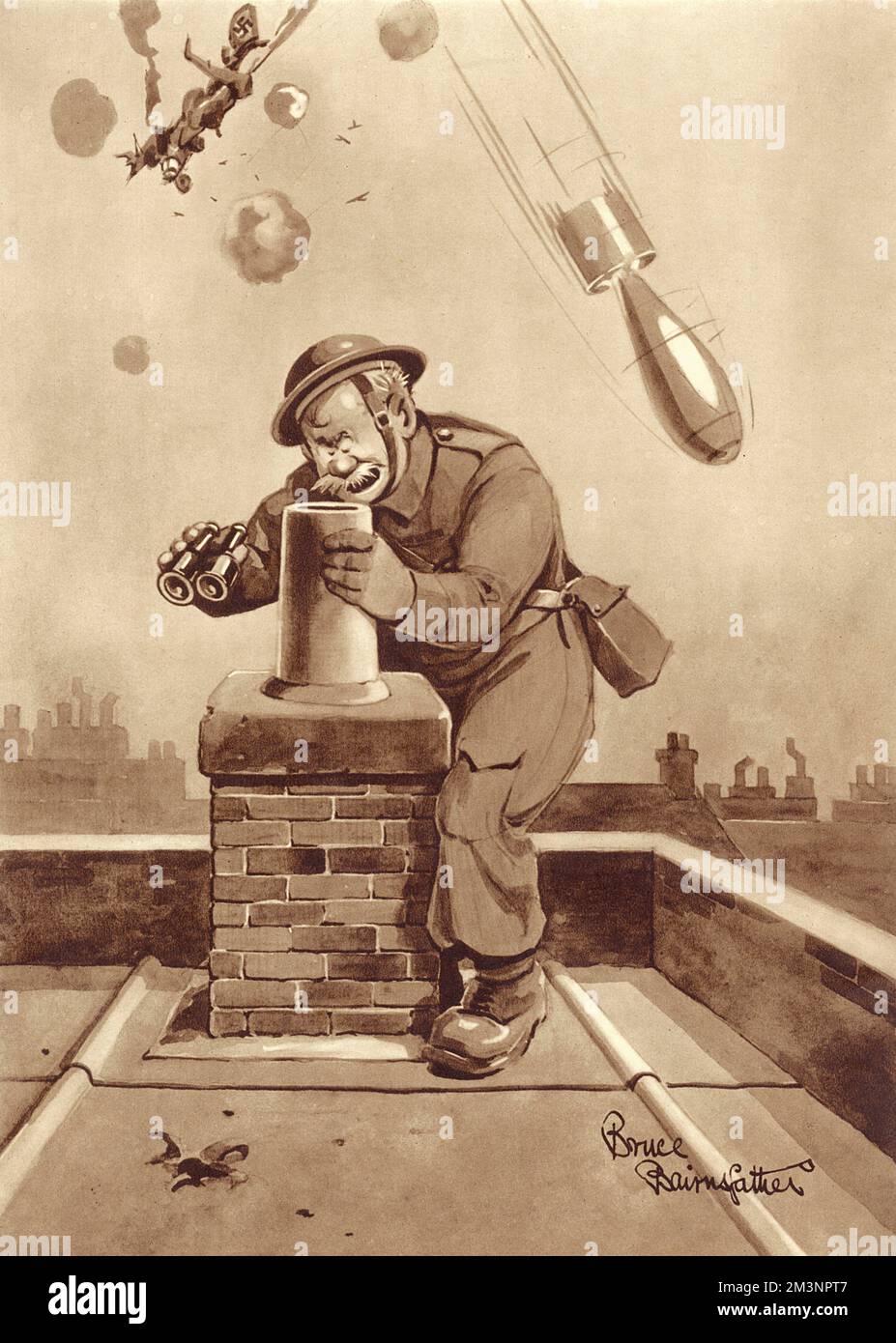 An ARP warden stands on a rooftop during a very lively air raid and looks down a chimney pot with his binoculars telling those hiding inside, 'I said, I reckon it's time you went to the shelter.'  1940 Stock Photo