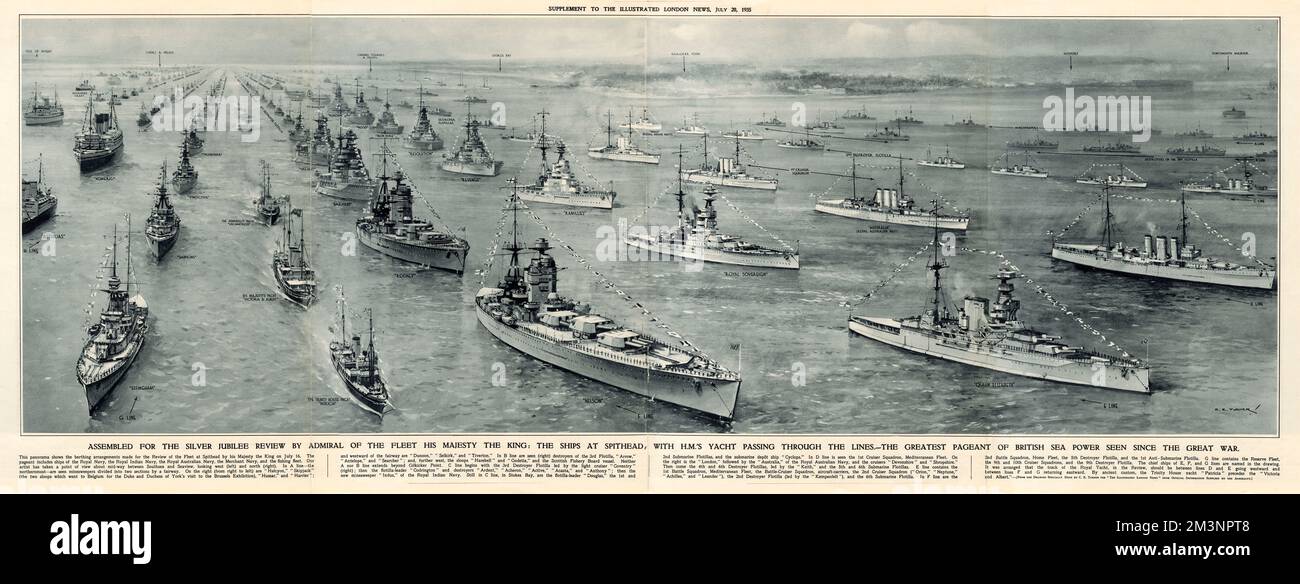 A panoramic view showing the berthing arrangements made for the Review of the Fleet at Spithead by King George V to celebrate his Silver Jubilee. The pageant included ships of the Royal Navy, the Royal Indian Navy, the Royal Australian Navy, the Merchant Navy and the fishing fleet. To the left of the picture, the King's yacht, 'Victoria and Albert' is preceded by the Trinity House yacht, 'Patricia' as it passes through the lines.  16 July 1935 Stock Photo