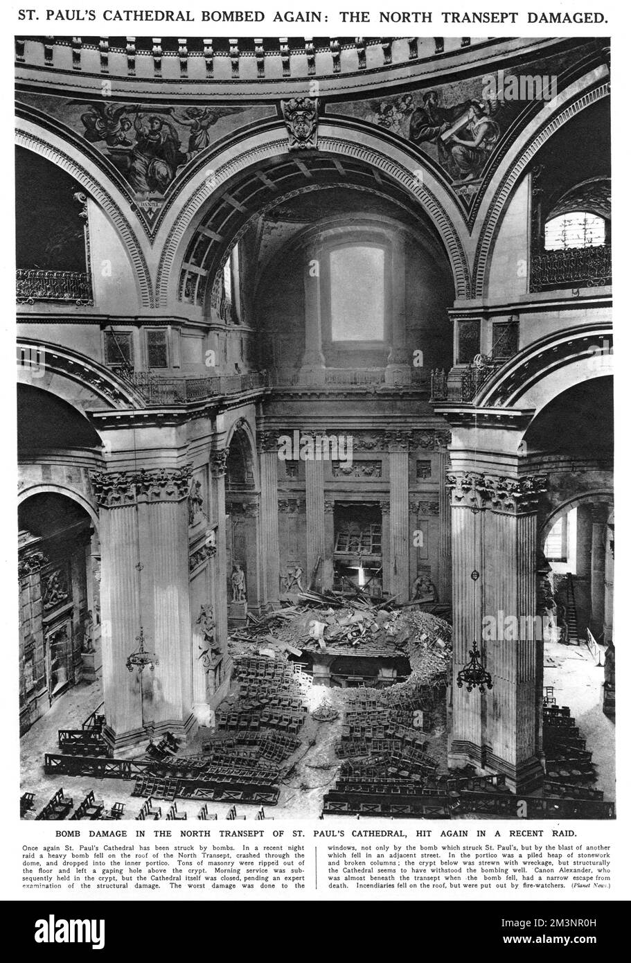 Bomb damage in the North Transept of St Paul's catherdral, London, hit by a heavy bombing raid in April 1941 during the Blitz.     Date: 1941 Stock Photo