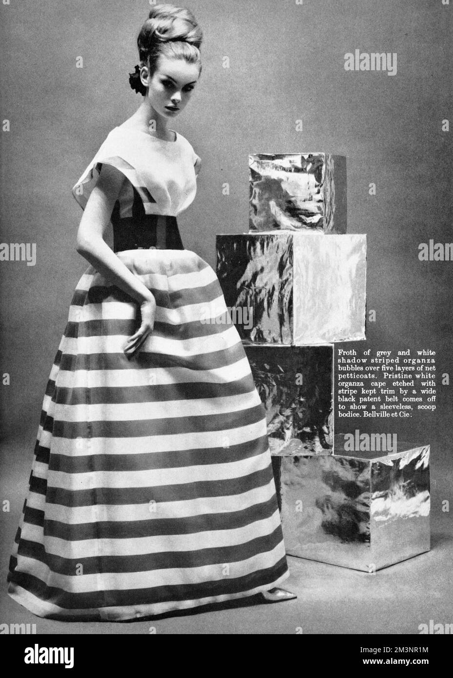 A froth of grey and white shadow striped organza bubbles over five layers of net petticoats.  A pristine white organza cape etched with stripe is kept trim by a wide black patent leather belt which comes off to show a sleeveless, scoop bodice.  By Bellville and Cie and modelled by Jean Shrimpton.     Date: 1962 Stock Photo