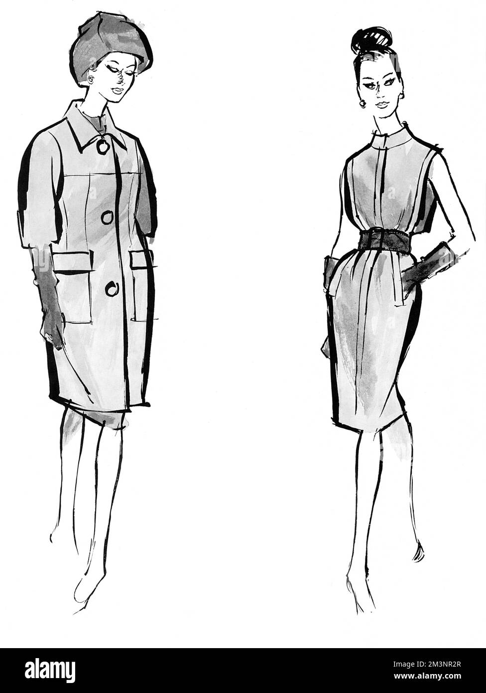 A Givenchy coat (on the left) of heavy white wool with a small collar, huge buttons, a horizontal yoke line running parallel to the pockets nad a nine-tenths hemline.  Note too the rounded shoulderline, the short chopped off sleeves,and the barely indicated waistline.  The matching white jersey dress just covers the kneecap and the belt is of snuff coloured suede.     Date: 1960 Stock Photo