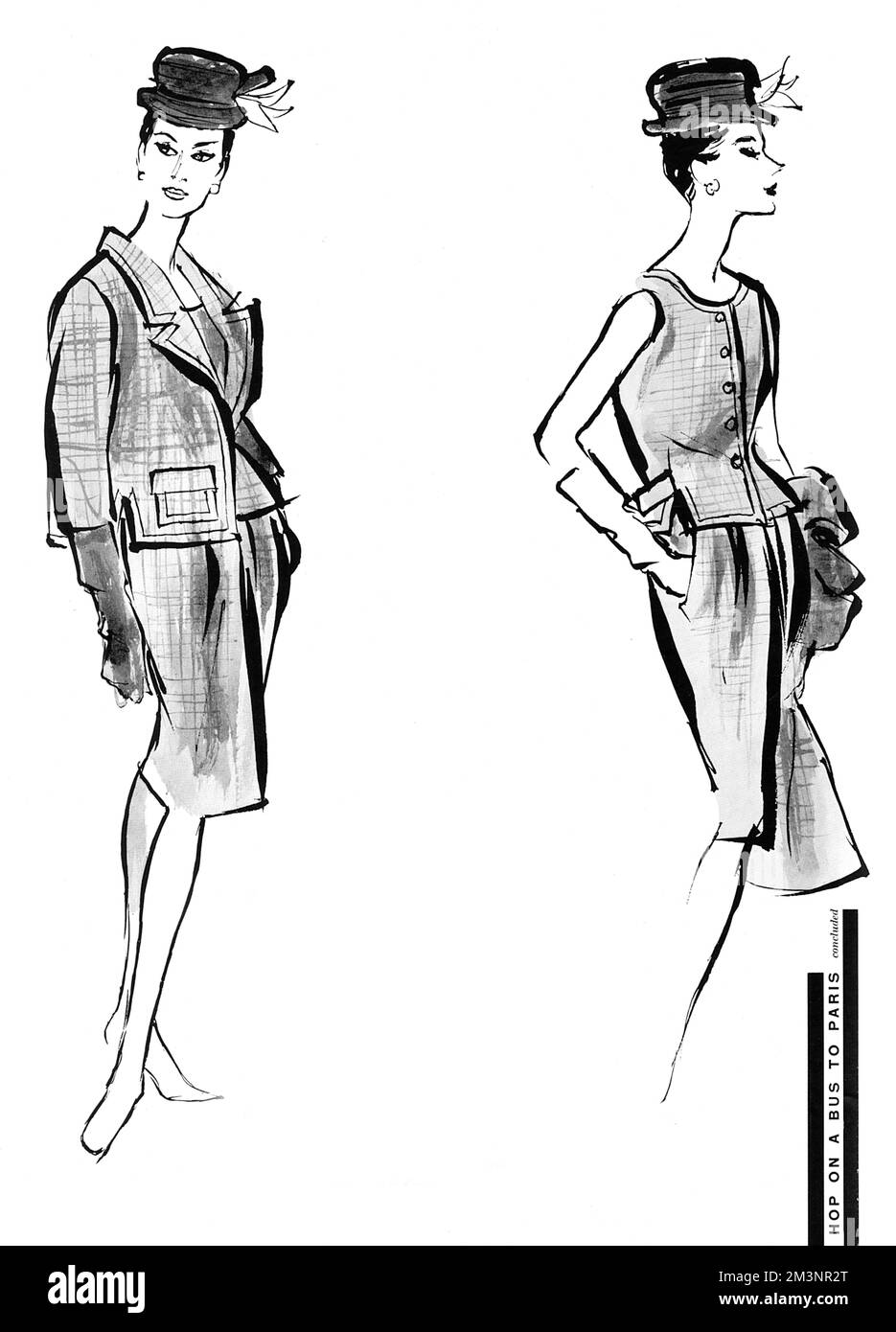 A coat, jacket and skirt by Balenciaga displaying the cllllean tailoring and functional lines of his designs from this period.  The jacket on the right is sleeveless and collarless with a concave front and a half-belted bloused back, double seaming and side vents.  The skirt is gathered with unpressed pleats into the waistband and tapers to a hemline barely covering the kneecap.  The short coat has set-in, chopped off three-quarter sleeves, a straight back and a repetition of the side vents and double-seaming.       Date: 1960 Stock Photo