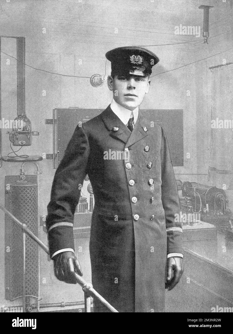 Jack Binns, the wireless-telegraph operator on the RMS Republic that sank after colliding with the SS Florida on 23rd January 1909, near Nantucket, Massachusetts. Republic was issued with the new Marconi wireless telegraph system and became the first ever ship to issue a CQD (Come Quickly, Danger) distress signal, when Jack Binns transmitted the message for fourteen hours straight amidst the wreck of the wireless office. The Republic sank on 24th January, after passengers had been painstakingly transferred to the Florida, and then the White Star liner RMS Baltic.     Date: 1909 Stock Photo