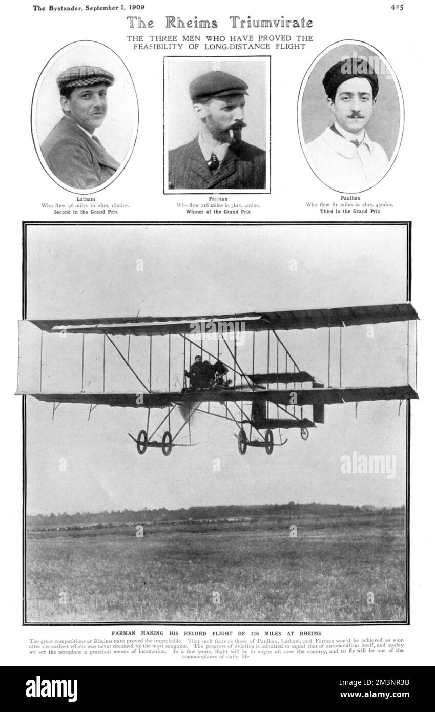 Page from the Bystander reporting on the record flights made at Rheims Aviation Meeting in 1909, showing the winner, Henri Farman who flew 116 miles in 3 hours, 4 minutes, Hubert Latham who flew 96 miles in 2 hours 18 minutes and Paulhan who flew 81 miles in 2 hours 43 minutes.  The Bystander comments, 'the progress of aviation is admitted to equal that of automobilism itself, and today we see the aeroplane as a practical means of locomotion.  In a few years, flight will be in vogue all over the country, and to fly will be one of the commonplaces of daily life'.  The 'Grande Semaine d'Aviation Stock Photo