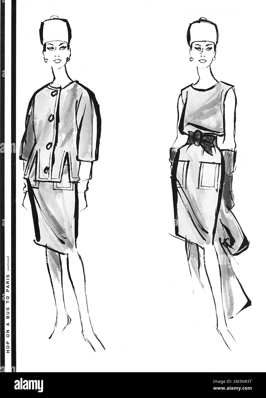 A dress and coat outfit by Hubert Givenchy with a collarless neckline, vents to the jacket, double seaming, a concave front, loosely fitted waistline and chopped off sleeves.  The dress underneath is sleeveless with a loose bloused line pouching over the suede belt.  Givenchy's designs during this period were characterised by the use of padding to create a padded shoulderline.       Date: 1960 Stock Photo