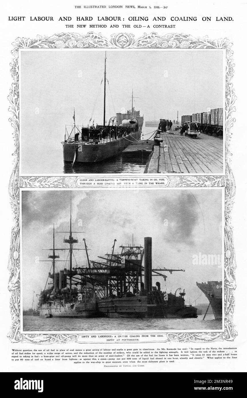 Light labour and hard labour: oiling and coaling on land. The new method and the old- a contrast. The top image shows a torpedo boat taking in oil fuel through a hose linking her with a tank in the wharf. Below shows a cruiser coaling from the coal depot at Portsmouth, a much dirtier and more laborious task.     Date: 1910 Stock Photo