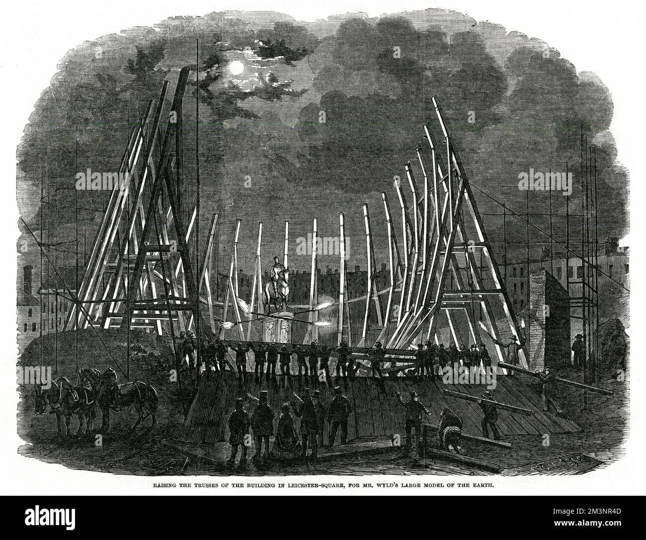 Raising of the Trusses in Leicester Square, London, for George Wylds large model of the Earth and surface. 100 workmen busily moving timber support of the capacious structure.      Date: 1851 Stock Photo