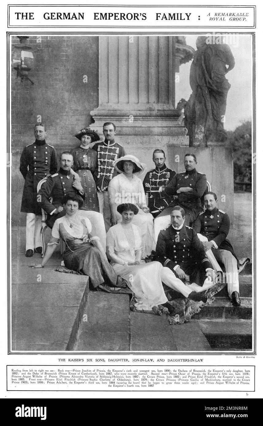 The six sons, one daughter, son-in-law and daughters-in-law of Kaiser Wilhelm II of Germany.  From left, back row, Prince Joachim of Prussia, the Emperor's sixth and youngest son, born 1890, the Duchess of Brunswick (Princess Viktoria Luise, the Emperor's only daughter born 1892), the Duke of Brunswick (Prince Ernest of Cumberland), born 1887 (recently married).  Second row  Prince Oscar of Prussia, the fifth son, born 1888; Princess August Wilhelm of Prussia (Princess Alexandra Victoria of Schleswig-Holstein), born 1887, the Crown Prince Wilhelm of Prussia, born 1882, and Prince Eitel Friedri Stock Photo