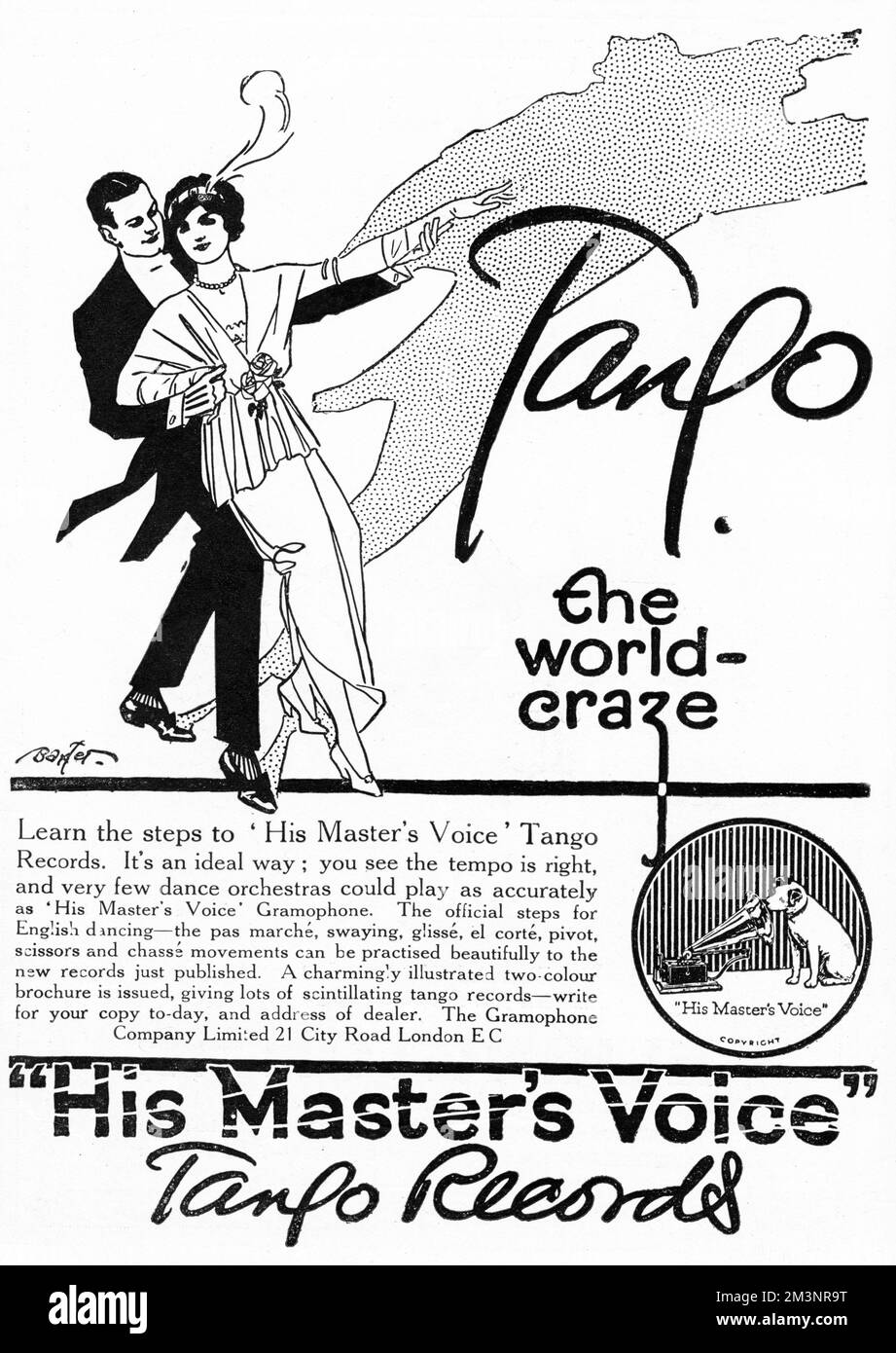 Advertisement for Tango records from His Masters Voice, encouraging people to learn the steps to this new dance craze with the help of their records.  The tango took Britain by storm in 1913.     Date: 1913 Stock Photo