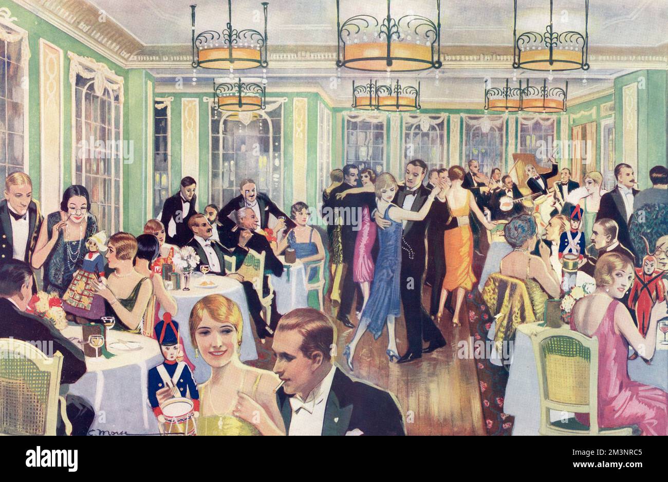 A colourful evening at iconic Soho restaurant, Kettners, in the heart of London with couples dancing to live music and society mingling among the tables.     Date: 1926 Stock Photo